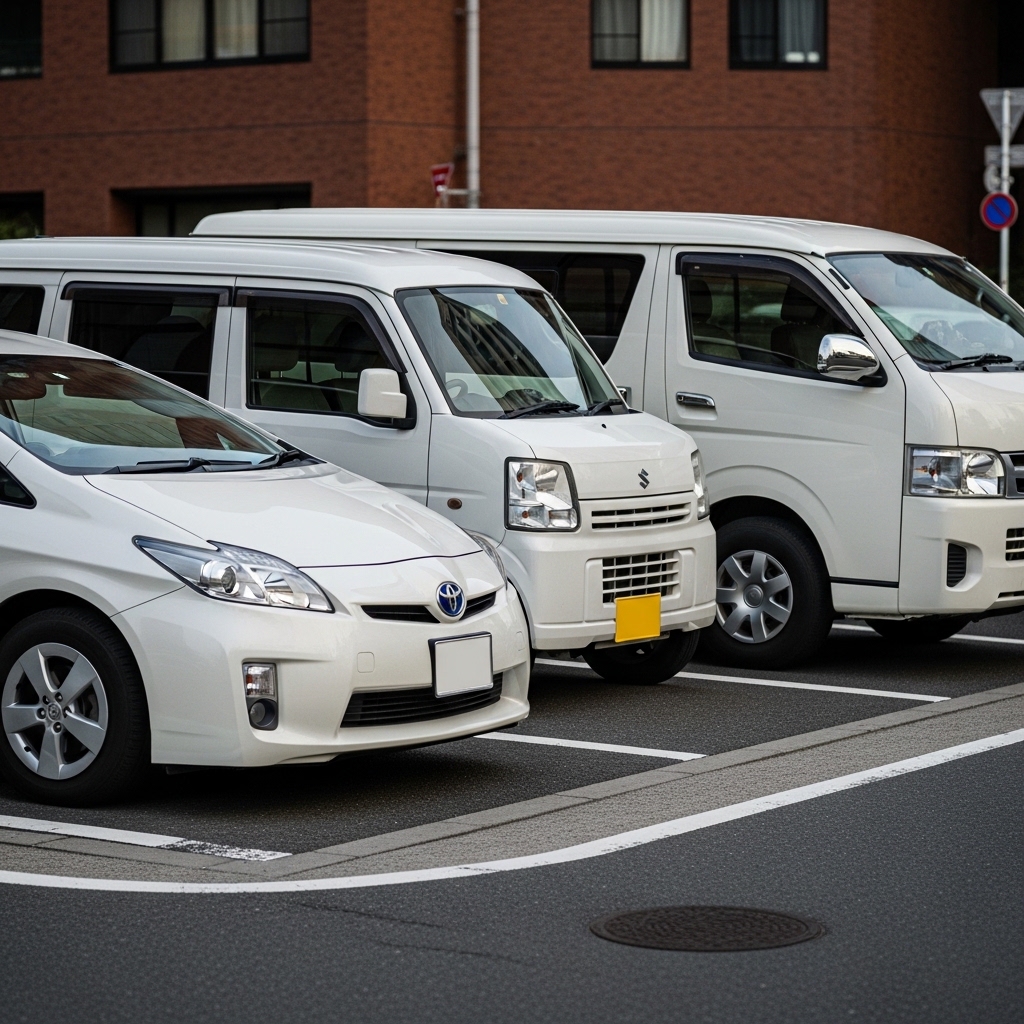 White sedan parked on coastal road with palm trees